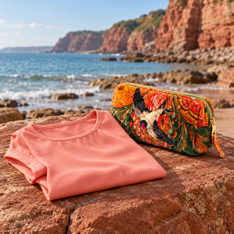 Pink T-shirt and patterned bag on red sandstone beside a South Devon beach