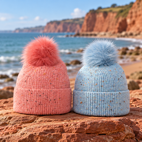 Womens Hats selection displayed on red sandstone beside the South Devon coast