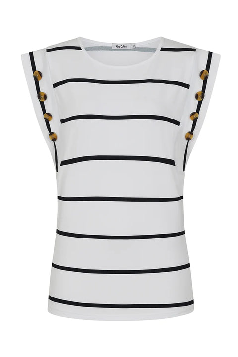 Alice Collins Button Shoulder Sleeveless Top White/Midnight Blue