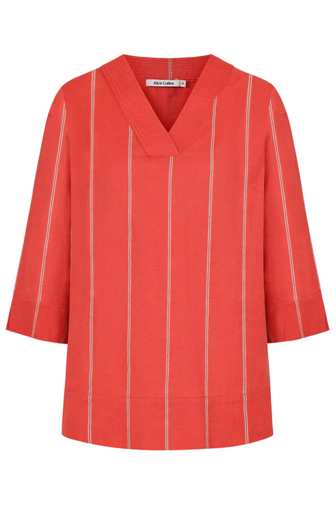 Alice Collins Rose Striped V-Neck Long Sleeve Tee Hibiscus/Feather