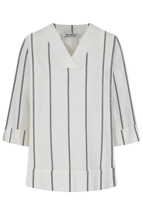 Alice Collins Rose Striped V-Neck Long Sleeve Tee White/Mid Blue