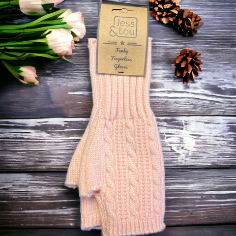 Jess And Lou Cosy Chunky Cable Knit Fingerless Gloves - Soft Pink Wrist Warmers