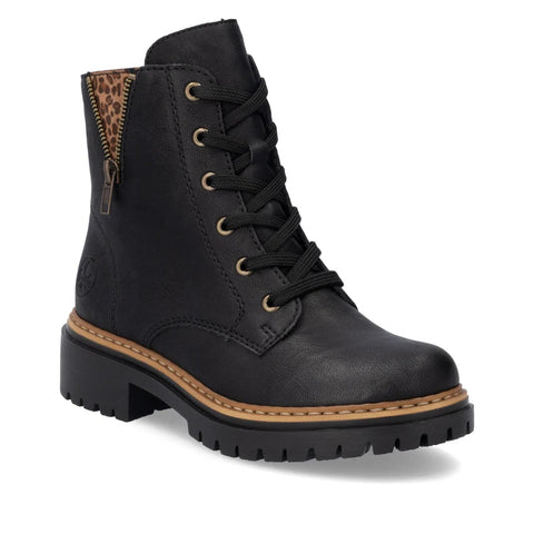 Rieker 72617-00 Black Womens Casual Comfort Lace Up Zip Up Leather Ankle Boots