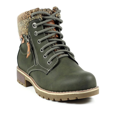 Lunar Millie Olive Womens Casual Comfort Waterproof Zip/Lace Up Ankle Boots