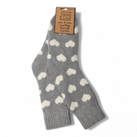 Jess And Lou Grey Hearts Cosy Ribbed Super Soft Wool Blend Socks