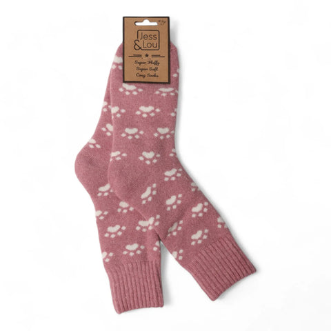 Jess And Lou Pink Paws Cosy Ribbed Super Soft Wool Blend Socks