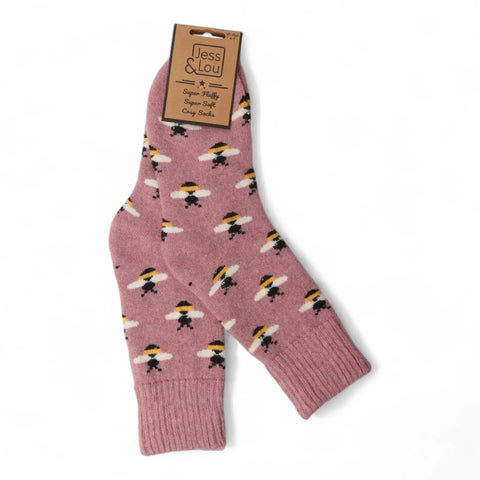 Jess And Lou Pink Bee Cosy Ribbed Super Soft Wool Blend Socks