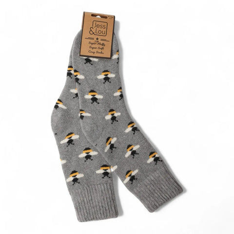 Jess And Lou Grey Bee Cosy Ribbed Super Soft Wool Blend Socks