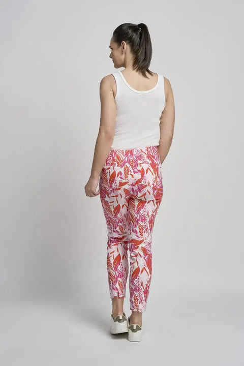 Pinns Womens 302CT Buttercup Tropical Paradise Slim Leg Bengaline Ankle Grazer with Back Slit Trousers