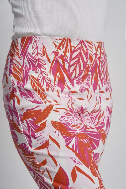 Pinns Womens 302CT Buttercup Tropical Paradise Slim Leg Bengaline Ankle Grazer with Back Slit Trousers