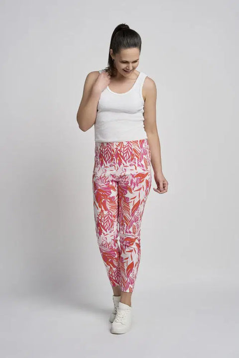 Pinns Womens 302CT Buttercup Tropical Paradise Slim Leg Bengaline Ankle Grazer with Back Slit Trousers