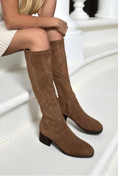 Ella Maddie Tan Faux Suede Knee High Stretch Womens Boots