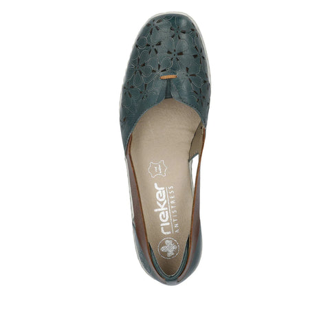 Rieker 41356-13 Petrol Womens Casual Comfort Leather Slip On Pumps Shoes