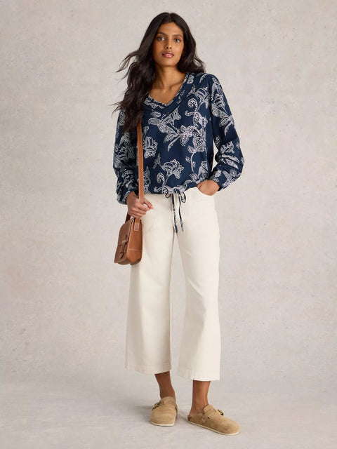 White Stuff Betty Tie Hem Top Navy Print