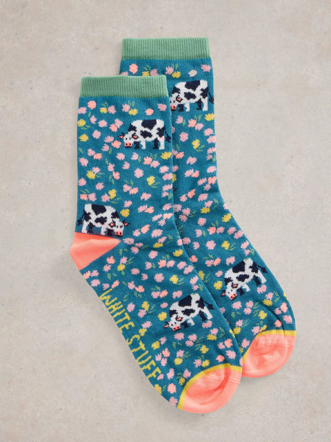 White Stuff Cow Floral Ankle Sock Teal Multi 3-5
