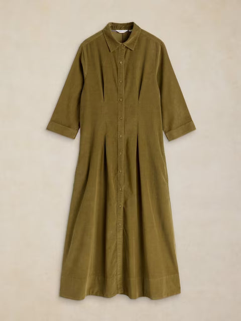 White Stuff Ellie Khaki Green Cord Pleated Dress
