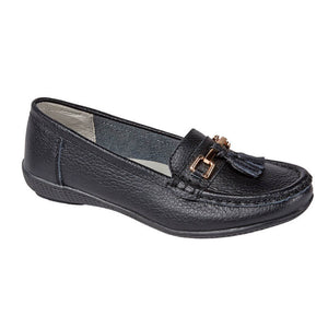 Jo & Joe Nautical Black Wide Fit Womens Slip On Leather Loafers Moccasin Casual Shoes
