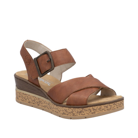 Rieker 63795-22 Cognac Womens Casual Comfort Faux Buckle Touch Fastening Wedge Sandals