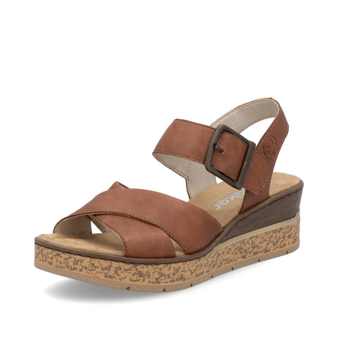 Rieker 63795-22 Cognac Womens Casual Comfort Faux Buckle Touch Fastening Wedge Sandals