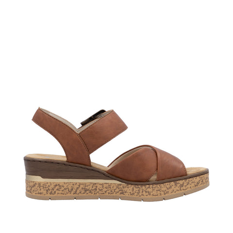 Rieker 63795-22 Cognac Womens Casual Comfort Faux Buckle Touch Fastening Wedge Sandals