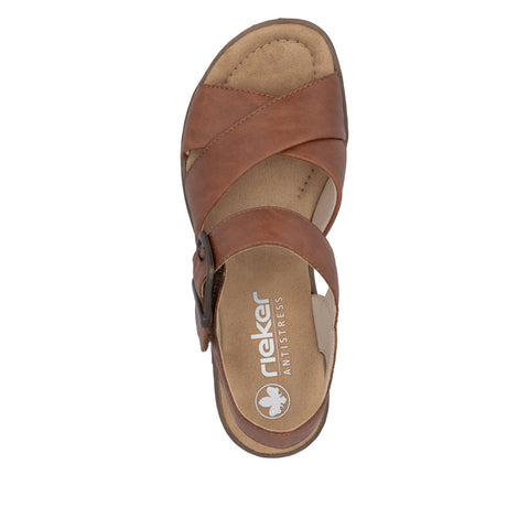 Rieker 63795-22 Cognac Womens Casual Comfort Faux Buckle Touch Fastening Wedge Sandals
