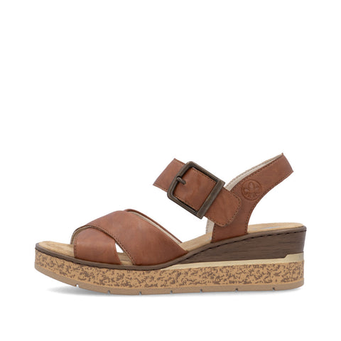 Rieker 63795-22 Cognac Womens Casual Comfort Faux Buckle Touch Fastening Wedge Sandals