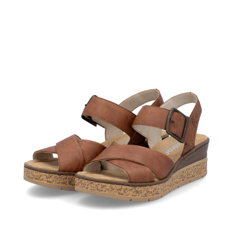 Rieker 63795-22 Cognac Womens Casual Comfort Faux Buckle Touch Fastening Wedge Sandals