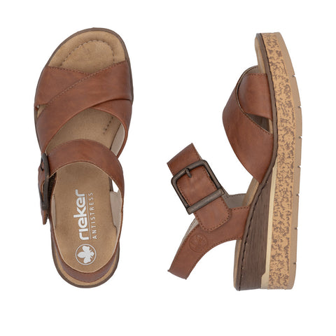 Rieker 63795-22 Cognac Womens Casual Comfort Faux Buckle Touch Fastening Wedge Sandals