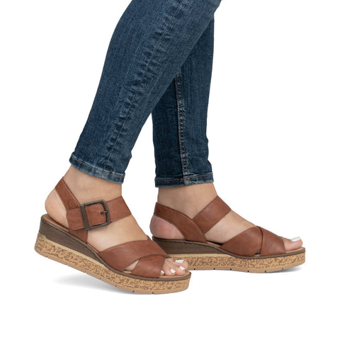 Rieker 63795-22 Cognac Womens Casual Comfort Faux Buckle Touch Fastening Wedge Sandals