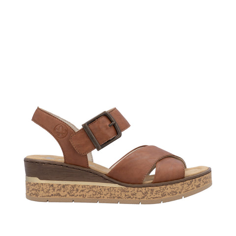 Rieker 63795-22 Cognac Womens Casual Comfort Faux Buckle Touch Fastening Wedge Sandals