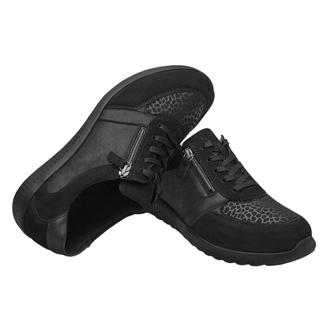 Waldlaufer 815M01 312 001 Womens M-IRA Black Nubuck/Stretch and Lace Up Zip Up Shoes
