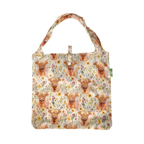 Eco Chic Beige Floral Highland Cow Recycled Lightweight Foldable Reusable Shopping Bag