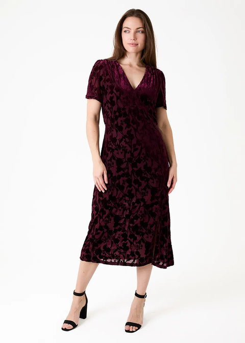 Dreams Womens AA0507 Merlot Floral Devore Velvet Split Detail v Neck Midi Dress