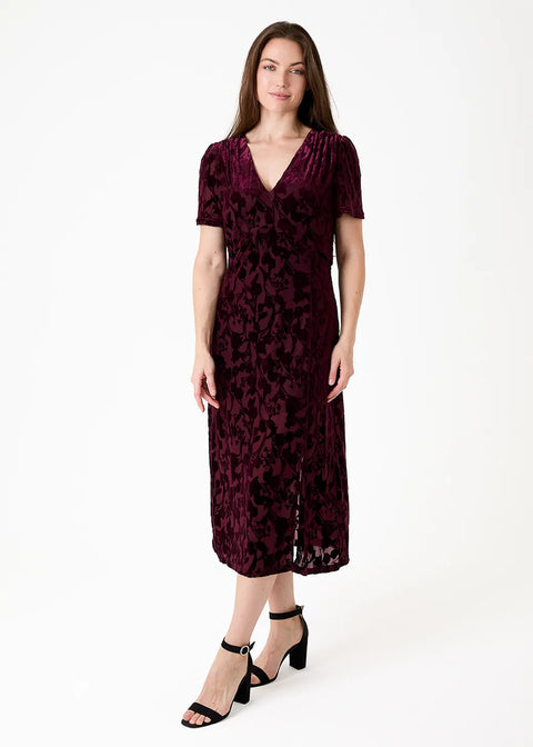 Dreams Womens AA0507 Merlot Floral Devore Velvet Split Detail v Neck Midi Dress