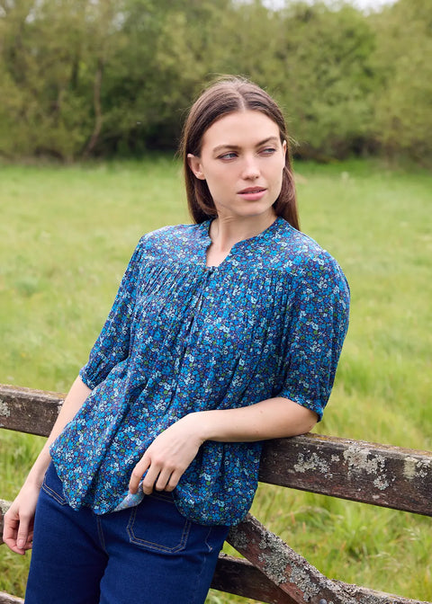 Dreams AA0536 Navy Autumnal Ditsy Nehru Neck Shirred Blouse