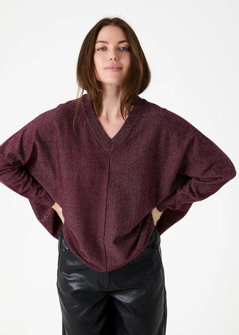 Dreams Womens AA0566 Merlot Cashmere Like Lurex v Neck Baggy Jumper