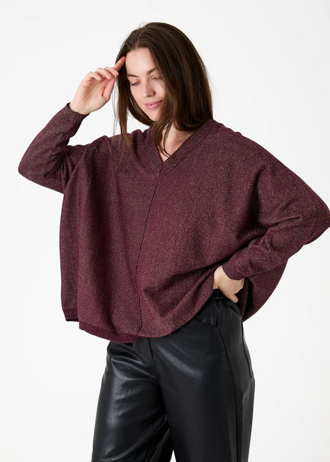 Dreams Womens AA0566 Merlot Cashmere Like Lurex v Neck Baggy Jumper