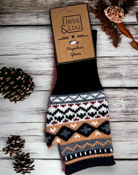 Jess And Lou Black Nordic Fingerless Gloves And Wrist Warmers – Stylish, Warm, And Comfortable