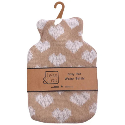 Jess And Lou Taupe & White Hearts Mini Hot Water Bottle
