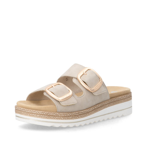 Remonte D0Q66-62 Beige Womens Leather Touch Fastening Platform Lip On Mules Sandals