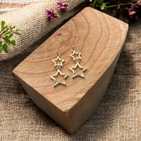 Jess and Lou ER121G Gold Hollow Double Star Stud Hypoallergenic & Nickel Free Silver Hooks Earrings