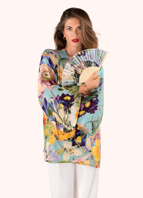 Powder Spring Flora Polyester Satin Bamboo Hand Fan