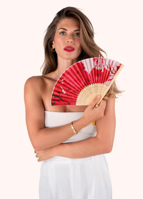 Powder Rouge Blooms Polyester Satin Bamboo Hand Fan