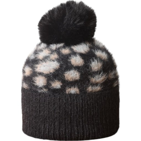 Jess And Lou Black Leopard Fluffy Knit Bobble Hat