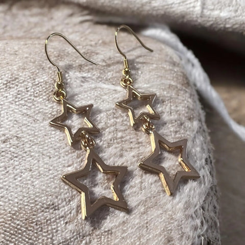 Jess and Lou ER121G Gold Hollow Double Star Stud Hypoallergenic & Nickel Free Silver Hooks Earrings