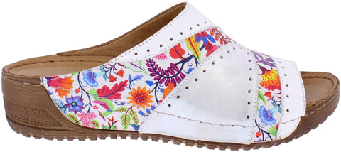 Adesso Lisa White Tropical Womens Slip On Low Heel Leather Mules Sandals