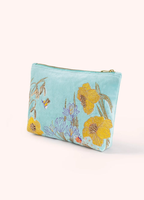 Powder Mid Size Velvet Embroidered Zip Pouch Wildflower Meadow MEZ1