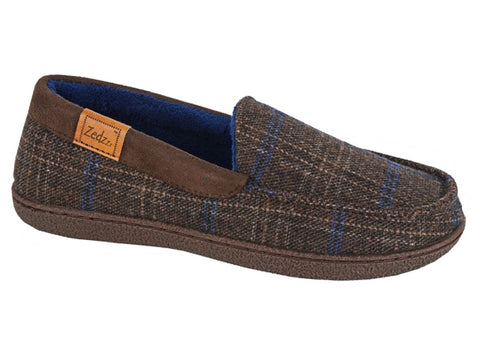 Zedzzz MS407B Neville Mens Brown Tweed Textile Moccasin Style Slipper
