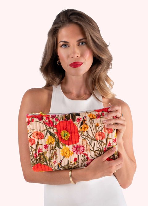 Powder Quilted Cotton Velvet Zip Pouch Fine Flowers QVZP3
