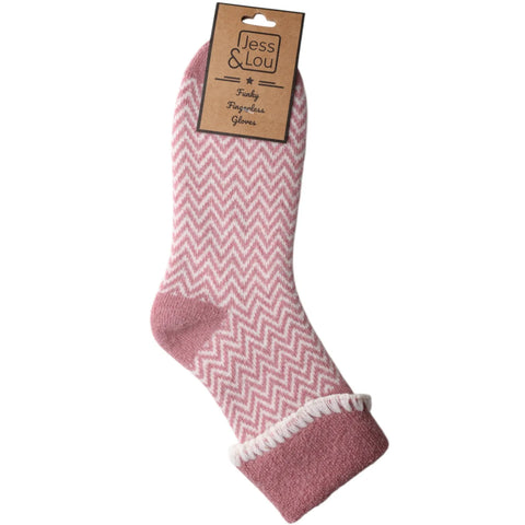 Jess And Lou Pink Cuff Herringbone Cosy Super Soft Wool Blend Socks